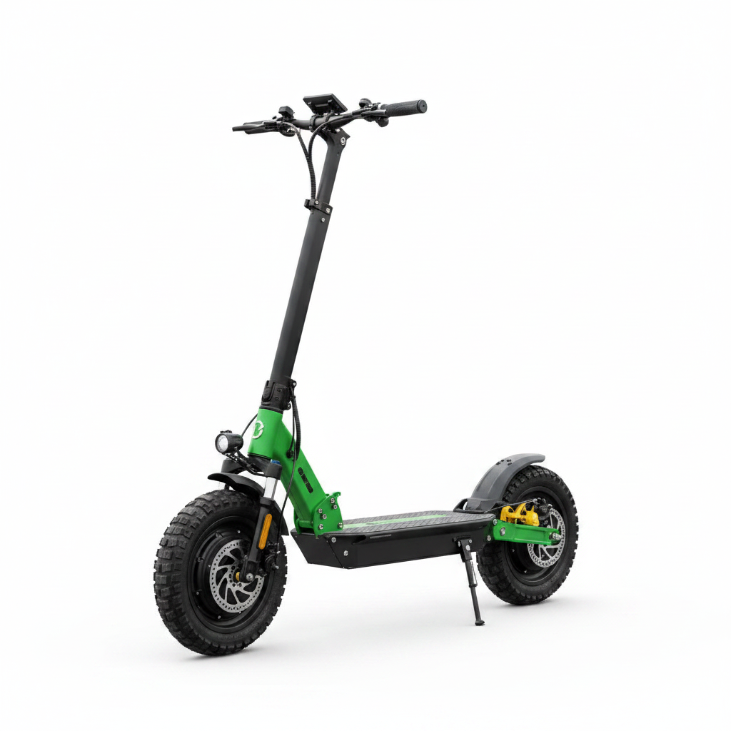 Green EOEOTWO 1200W off-road electric scooter, white background