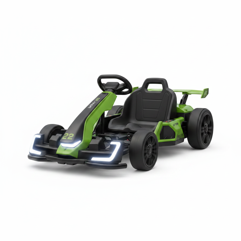Grey and black 24V kids electric go-kart with sport wing spoiler on white background