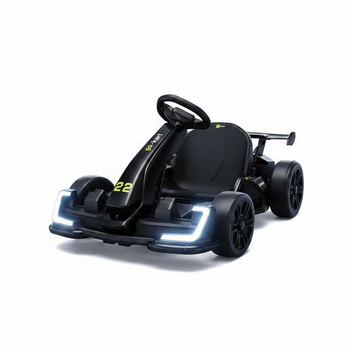 Black 24V kids electric drift go-kart with sport wing spoiler on white background
