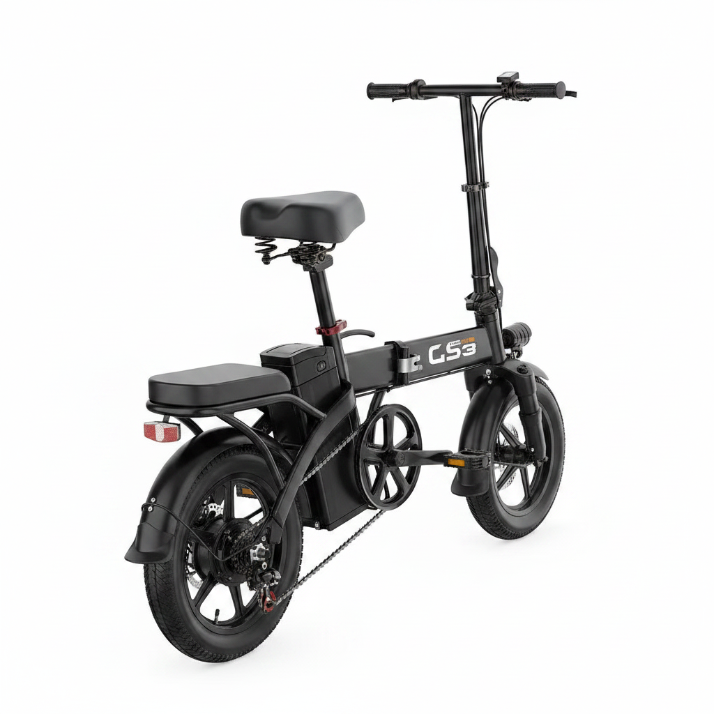 UPlee GS3 14-inch folding electric bike, black, rear 3/4 angle view, white background